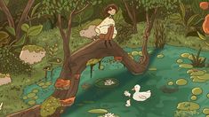 a woman sitting on a tree branch in the middle of a pond with ducks and other animals