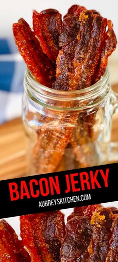 bacon jelks in a glass jar on a wooden table with text overlay