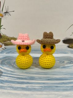 two crocheted rubber ducks wearing hats in water