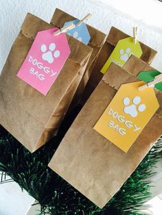 three brown paper bags with dog tags on them