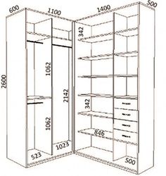 an open closet is shown with measurements for the door and shelves on each side, which are