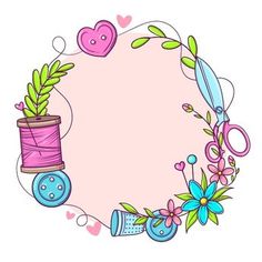 a round frame with thread, spools and flowers on a white background illustration