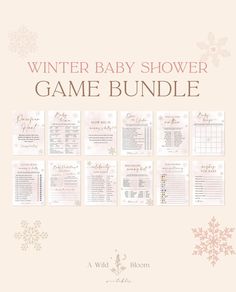 the winter baby shower game bundle is shown with snowflakes and text on it