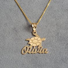 * Personalized Engravable Sea Turtle Pendant Necklace With Your NAME * Available in 10k or 14k Solid Yellow, White or Rose Gold, and .925 Sterling Silver * Pendant Only Available or Pendant with a chain is available. * Rolo Chains are available in 16", 18", 20" or 22" Inch Chains. Chain Metal is corresponding to the Metal of the pendant. - Example: If you order a 14k yellow gold pendant, the chain will be 14k Yellow gold, if you order a Sterling Silver Pendant, the chain will be Sterling Silver. Silver Nameplate Necklace Stamped 14k, Keepsake Pendant Jewelry With Name, Custom Gold Sterling Silver Necklace With Polished Finish, Personalized Nameplate Jewelry With Polished Finish, Gold Nameplate Jewelry For Keepsake, Personalized Gold Jewelry With Polished Finish, Personalized 14k Gold Jewelry For Keepsake, 14k Yellow Gold Name Necklace With Hallmark, Personalized 14k Gold Keepsake Jewelry