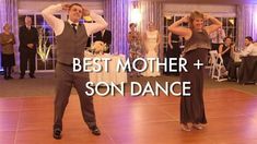 two people on a dance floor with the words best mother and son dance in front of them