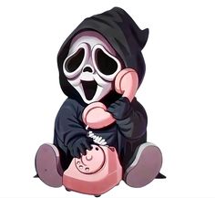 a cartoon character sitting on the ground with a phone in his hand and wearing a black hoodie