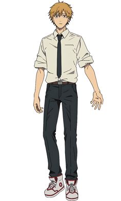 an anime character wearing a tie and pants with his hands in his pockets, standing