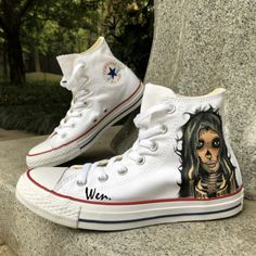 White Converse Sugar Skull Girl High Top Hand Painted Canvas Sneakers Sugar Skull Girl, White Converse, Sell Handmade