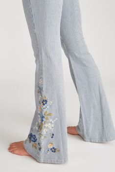 Farrah Flare with Blue Floral Embroidery in Pinstripe Flare Blue Wash Machine Wash Cold. Floral Embroidery, Blue Floral, Shoe Accessories, Women Accessories, Embroidery, Clothes For Women, Floral, Blue, Clothes