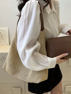 Bird in Bag - Premium Vacation Straw Bag Featuring Inner Pouch, Exquisite Contrast Binding, and Convenient Snap Button Closure Brown Pattern, Color Coffee, Coffee Brown, Bird In Bag, Snap Button, Straw Bag, Binding, Straw, Pouch