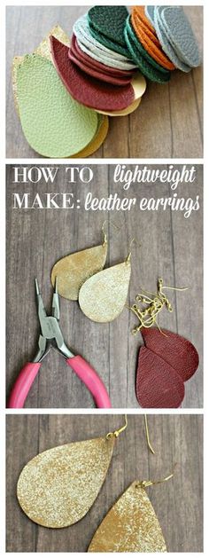 how to make leather earring pendants with gold leaf shapes and glittered leaves