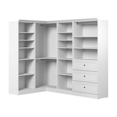 an open white bookcase with drawers on the top and bottom shelves in front of it