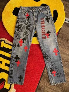 Customized Pants, Hearts Stencil, Drip Fashion, Custom Jean, Fire Clothes, Men's Bottoms