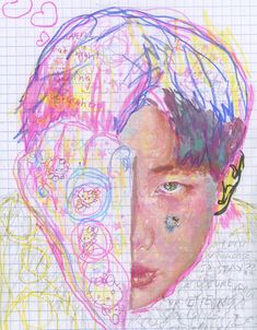 a drawing of a young man's face with many circles around him