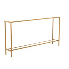 a gold metal and wood shelf with two shelves on one side, against a white background