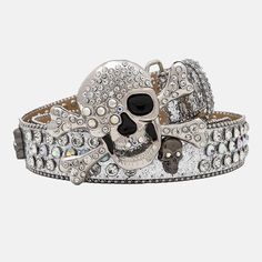 Skull Buckle Silver Shiny Strap With Crystal Studded Rhinestone Belt Belt Store, Rhinestone Belts, Edgy Elegance, Rhinestone Belt, The Skull, Denim Jeans Men, Halloween Dress, Womens Shirts, Buckle