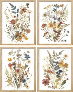 four framed pictures with different flowers and leaves on white paper, each one in wood frame