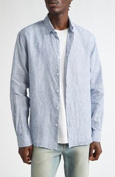 Softly rumpled linen offers breathable comfort in this airy button-up shirt that's ready for warmer weather. 30 1/2" length; 43" chest (size Medium) Front button closure Spread collar Long sleeves with button cuffs 100% linen Dry clean or machine wash, line dry Made in Portugal Designer Clothing Chest Size, Navy White, White Linen, Button Up Shirts, Designer Clothing, Top Shirt, Portugal, Button Up, Dry Clean