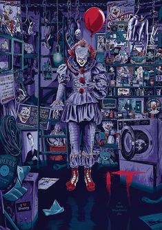 a creepy clown standing in the middle of a room filled with clutter and toys