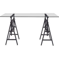 a glass desk with two metal legs and a black frame on the top, against a white background