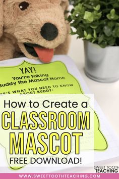 a teddy bear sitting on top of a desk next to a classroom maskout sign