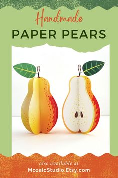 Handmade, 3D paper pears illustrated in yellows, reds and greens. Complete with a wire stem and paper leaf. Art Cottagecore, 3d Paper Art, Home Decor Unique, Cottagecore Decor, Library Decor, Paper Art Craft, Gold And Red, 3d Paper, Shades Of Yellow