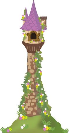 a tall tower with a purple roof and flowers growing on it's sides, surrounded by greenery