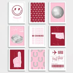 six pink and red greeting cards with the words, phrases, and symbols on them