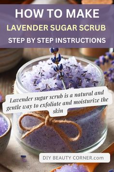 Learn how to make this DIY Lavender Sugar Scrub, a natural exfoliant that gently removes dead skin cells while moisturizing your skin. This homemade sugar scrub recipe is perfect for soft, smooth skin with the calming scent of lavender. A great addition to your self-care routine! #DIYSugarScrub #LavenderScrub #NaturalSkincare #HomemadeScrub #BeautyDIY #ExfoliatingScrub Lavendar Scrub Sugar, Diy Lavender Scrub, Lavender Goats Milk Soap Recipe, Diy Body Scrub Gifts Jars, Lavender Body Scrub Diy, Lavender Sugar Scrub Diy, Pink Salt Scrub Diy, Lavender Salt Scrub, Diy Lavender Soap Bars