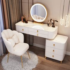 a white chair sitting in front of a vanity with a mirror on top of it