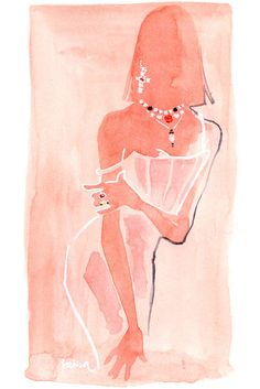 a watercolor painting of a woman in a pink dress