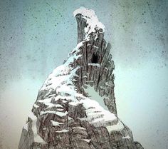 a drawing of a mountain with snow on it