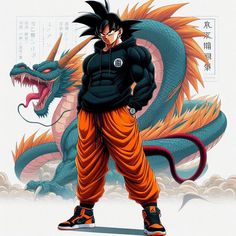 a man standing in front of a dragon with his hands on his hips and wearing an orange pants