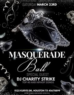 masquerade ball flyer with silver masks and swirls on the black background for an event