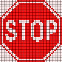 a cross stitch stop sign with the word stop written in white on red and black