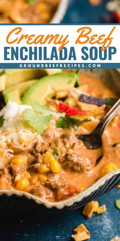 Craving some fall comfort food for dinner? Have a bowl of this Creamy Beef Enchilada Soup! Full of ground beef and vegetables plus your favorite enchilada sauce, this fall soup recipe is deliciously zesty! Cheesy Beef Enchilada Soup, Ground Turkey Enchilada Soup, Hamburger Enchilada Soup, Mexican Enchilada Soup, Creamy Beef Enchilada Soup, Enchalidas Soup, Beef Enchilada Soup Recipe, Tortilla Soup Beef, Beef Enchiladas Soup