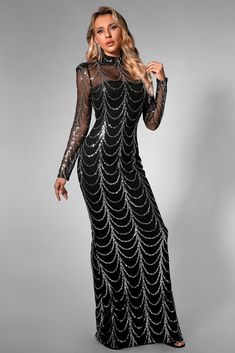 Dazzle in this black, chain-accented, sheer mesh, striped, sequined maxi chain dress. The alluring elements and premium material enhance your charm, perfect for making a statement at elegant events and upscale occasions. Handmade customization Fabric composition: 90% polyester fiber, 10% spandex Washing method: hand wash or dry clean Popular elements: chain Chain Dress, Sequin Maxi Dress, Sequin Maxi, Black Chain, Maxi Gowns, Black Maxi, Mesh Dress, Black Maxi Dress, Xl Dress