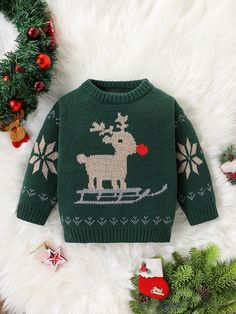 Baby Boys' Christmas Deer Pattern Pullover Sweater, Fall/Winter Dark Green   Long Sleeve Knitwear Animal,Christmas,Geometric,Holiday Pullovers High Stretch  Baby Boys Clothing, size features are:Bust: ,Length: ,Sleeve Length: