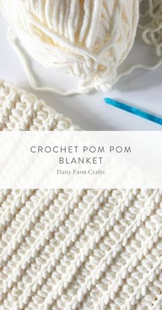 the crochet pom blanket is next to yarn