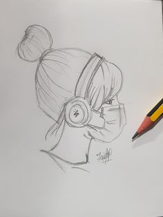 a pencil drawing of a girl with headphones