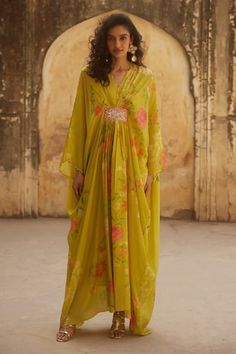 Lime yellow habutai kaftan with floral print and sequins and beaded embroidery. Comes with a shantoon inner. - Aza Fashions Floral Yellow Dress, Yellow Kaftan, Paulmi And Harsh, Shibori Dress, Kaftan Pattern, Kaftan Dresses, Dress Kaftan, Lime Yellow, Silk Kaftan