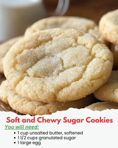 some sugar cookies are stacked on top of each other with the words soft and chewy sugar cookies