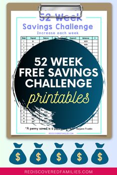 a clipboard with the text 52 week free savings challenge printables