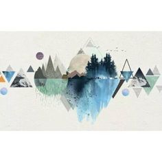 an abstract painting with mountains, trees and watercolor paints on it's surface