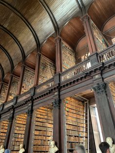 the inside of a library with many bookshelves filled with lots of books and statues