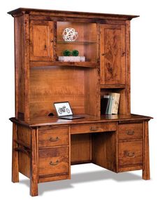 a wooden desk with two drawers and a hutch