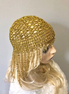 "Sassy headdress hat with all over shiny beads and fringe in front and back. Beads hang 4\"-6\" in the back and 1\" front with Stretch to fit around entire head. Color: Gold" Party Fringe, 1920's Party, 1920s Party, Gold Rate, Head Color, 1920s Flapper, Jewelry Choker, Pearl Hair, Bridal Pearls