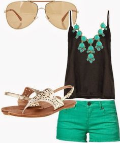 Gorgeous Summer Street Style - Blouse, Green Short, Adorable Shoes and Sunglasses Turquoise Shorts Outfit, Turquoise Shorts, Pastel Outfit, Shorts Outfit, Street Style Summer, Outfit Women, Cute Summer Outfits, Summer Clothes