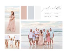 the family is posing for pictures on the beach