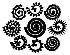 black and white silhouettes of sunflowers with spiral designs in the center, on a white background